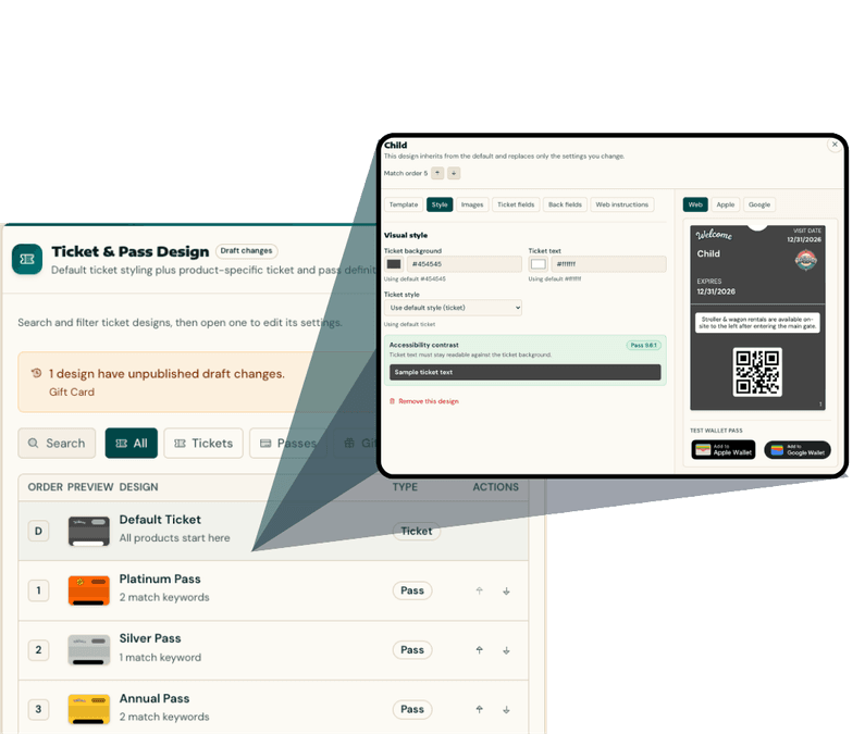 Welcome Hub brand ticket editor showing controls for ticket design and delivery-page branding.