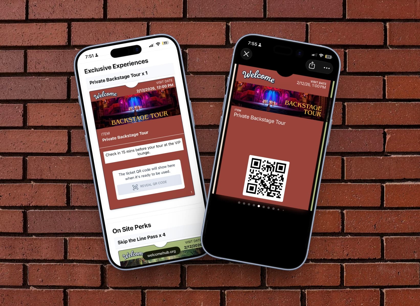 Exclusive experience tickets shown as a mobile delivery page and wallet pass