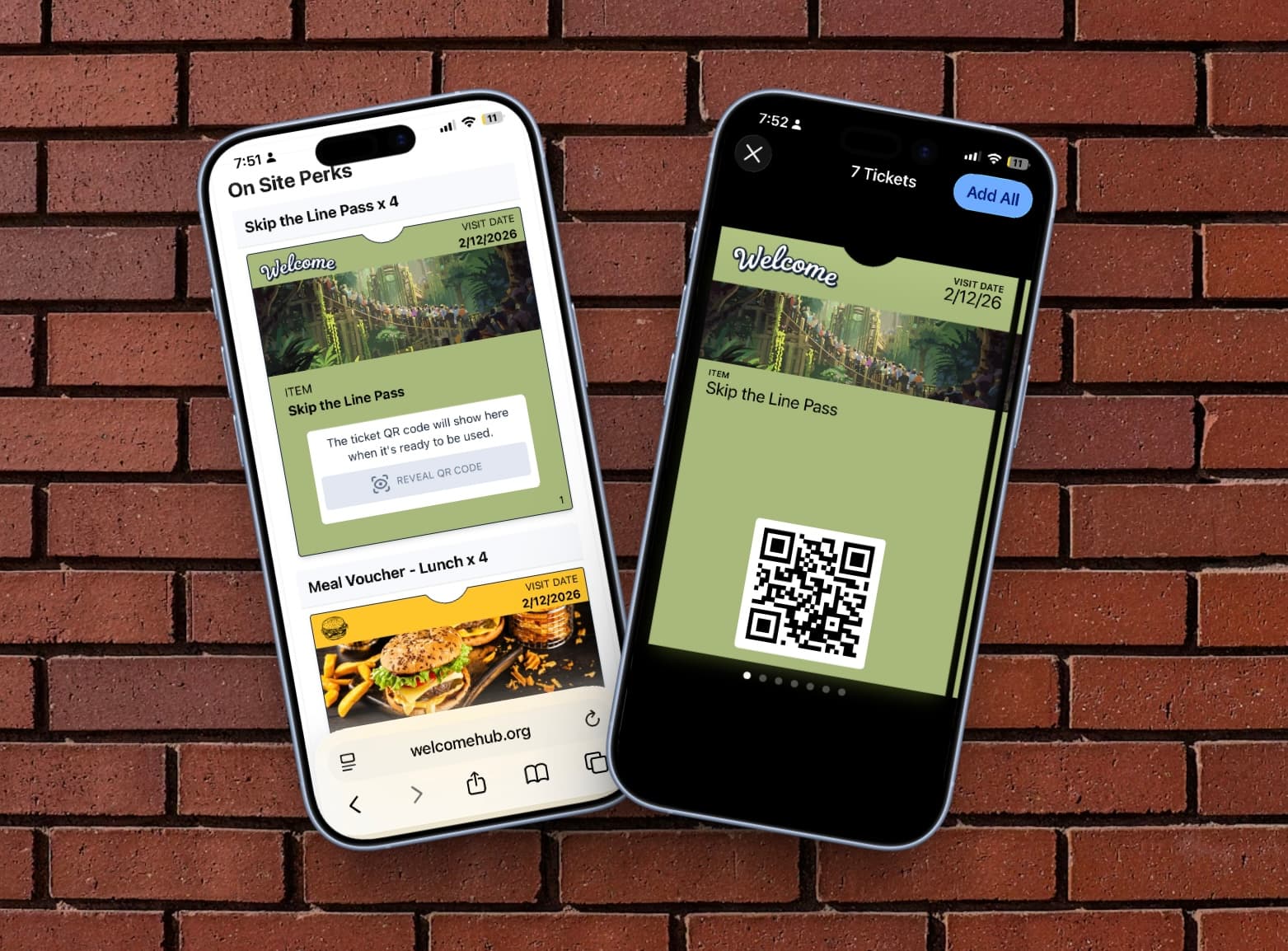 On-site perk tickets shown as a mobile delivery page and wallet pass