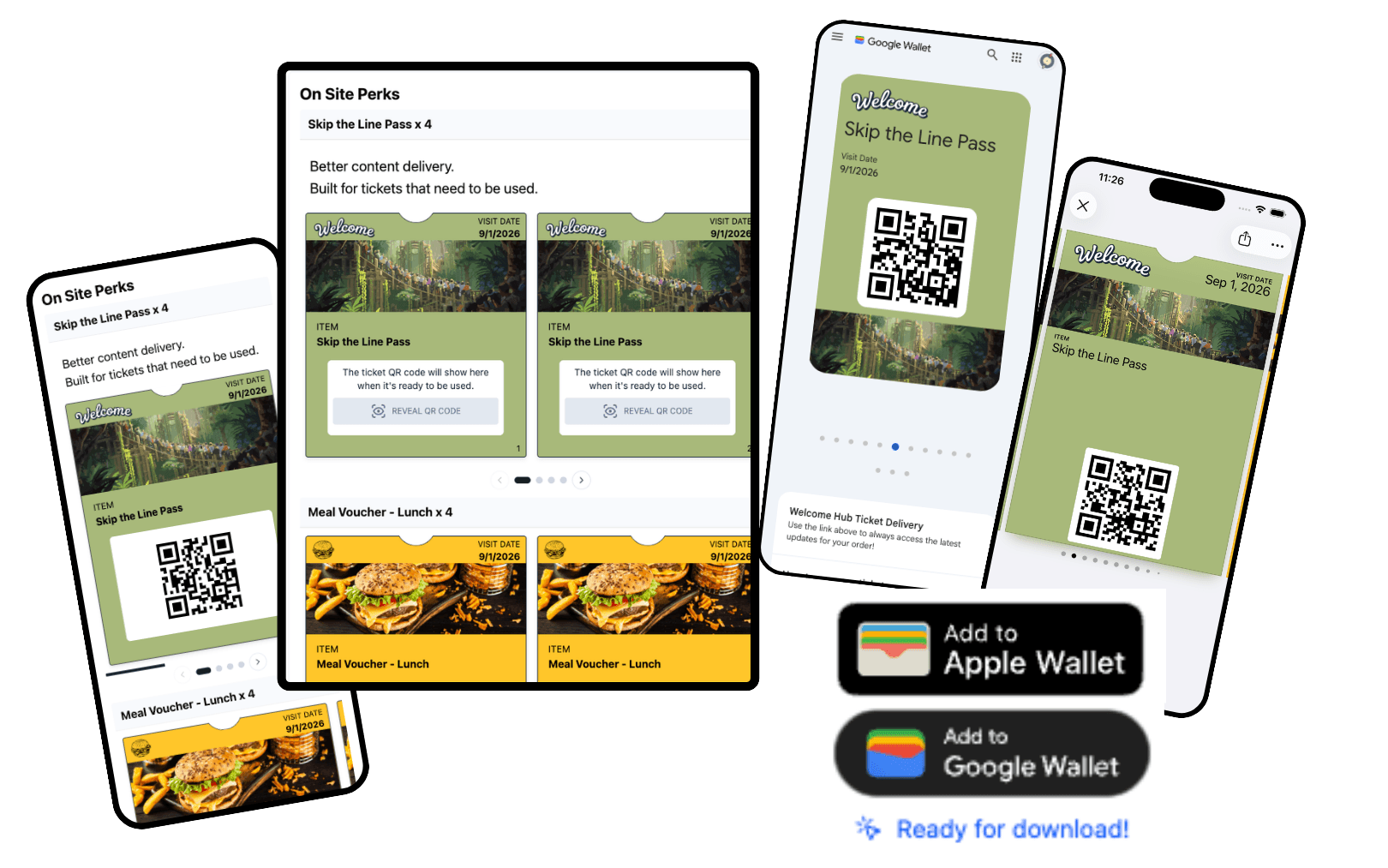 An example of the Welcome Hub delivery and onboarding experience for attractions with a web, Apple and Google Wallet ticket example